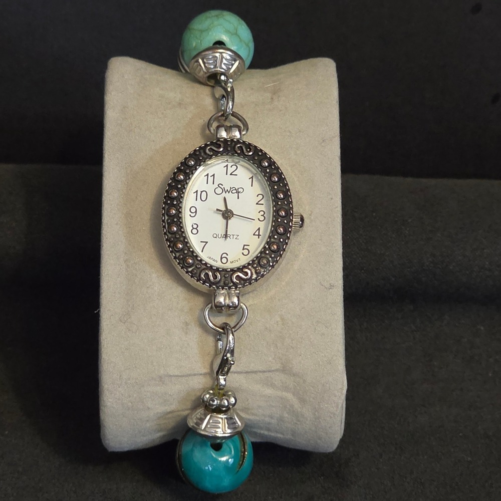 Beehive Swap watch‎ Women OS Turquoise Silver Beaded Stretch Bohemian Accessory